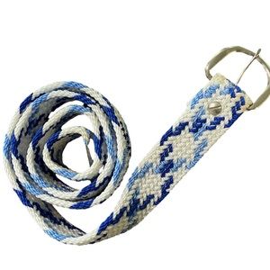 Vintage blue and white braided western cowboy belt with silver buckle.